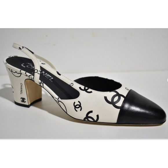 Chanel 23P Mademoisele Coco Sling White Black CC Logo Slingback Sandal Heel 37.5 - Picture 2 of 12